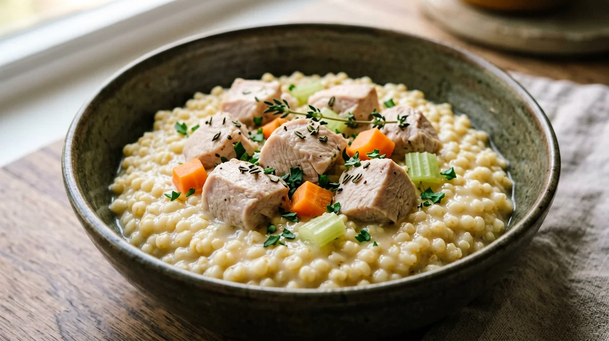 Orzo perlato con pollo, carote e timo