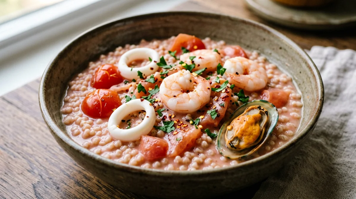 Seafood barley orzotto with cherry tomatoes
