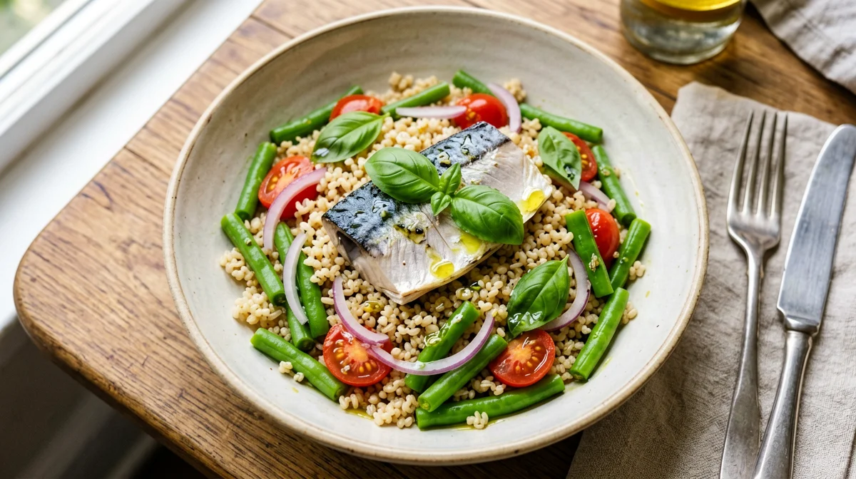 Farro with green beans, tomatoes and mackerel