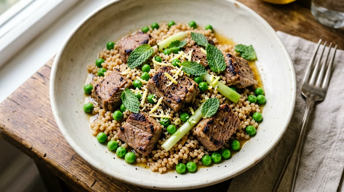 Farro con agnello, piselli e menta