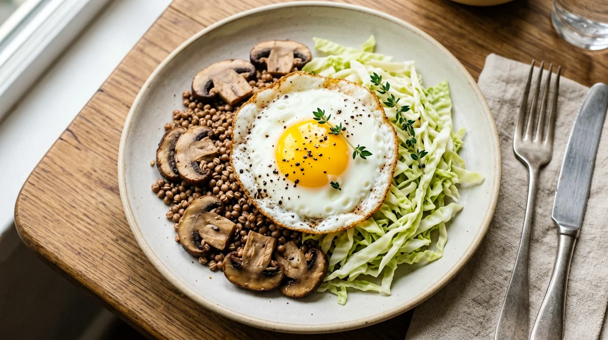 Grano saraceno con funghi, cavolo verza e uovo