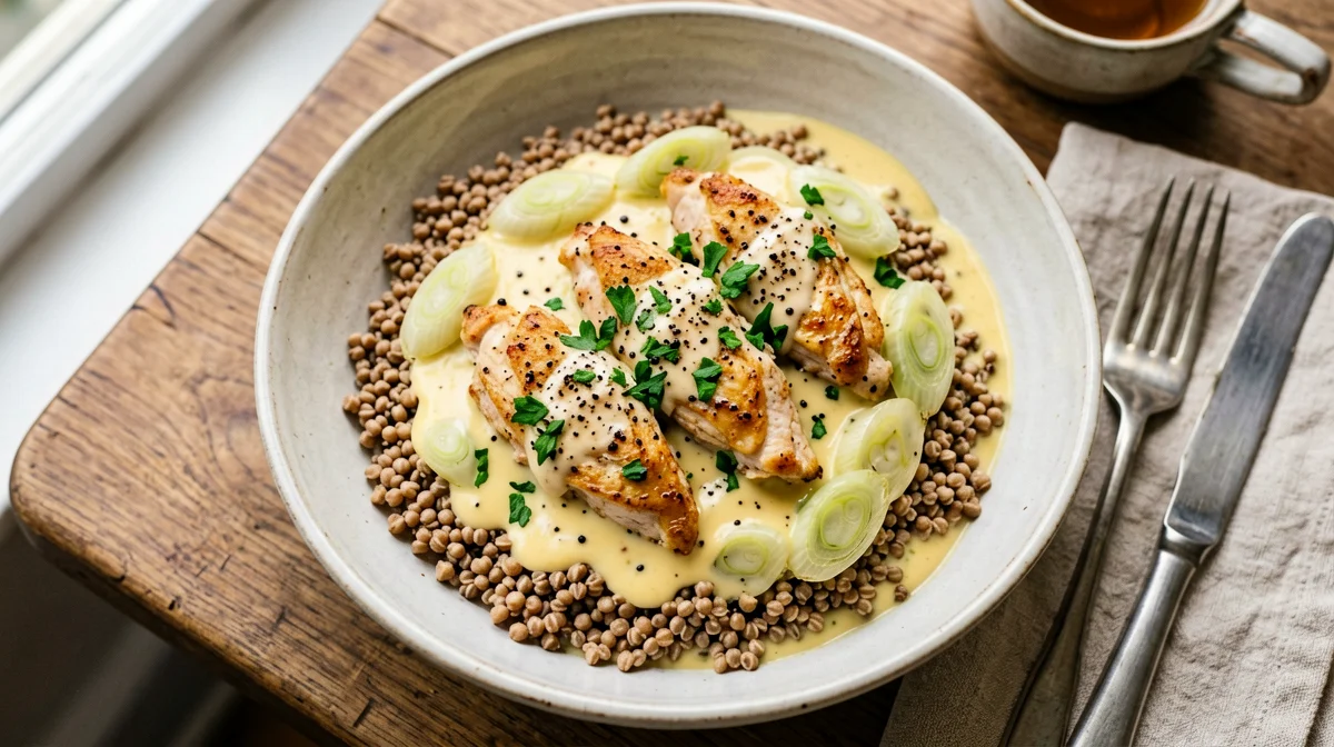Buckwheat with chicken, leeks and mustard