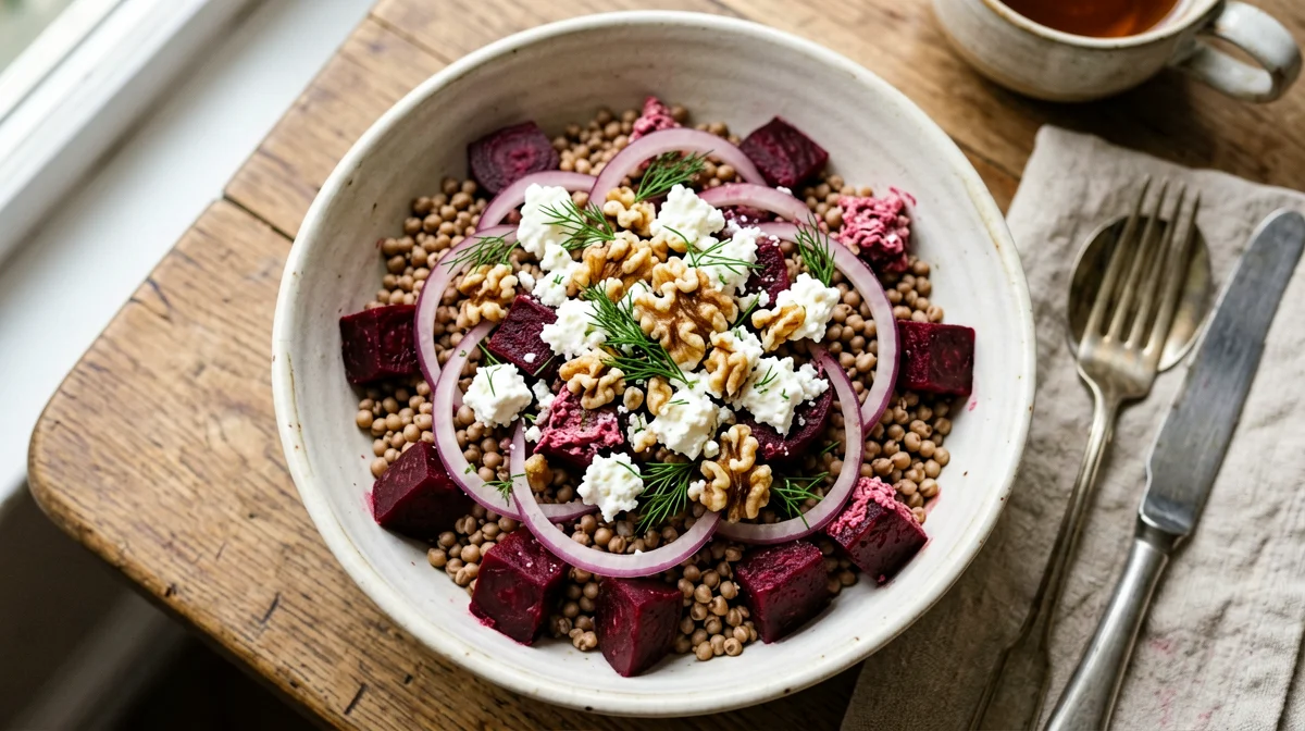 Buckwheat with beetroot, walnuts and feta