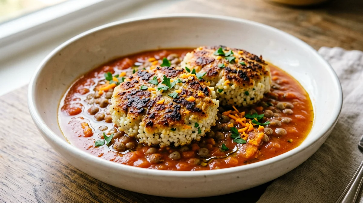 Millet and lentil patties in tomato sauce