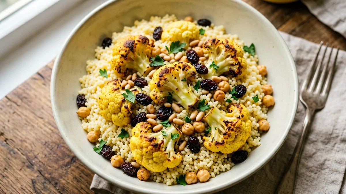 Miglio con cavolfiore arrosto, curcuma e uvetta