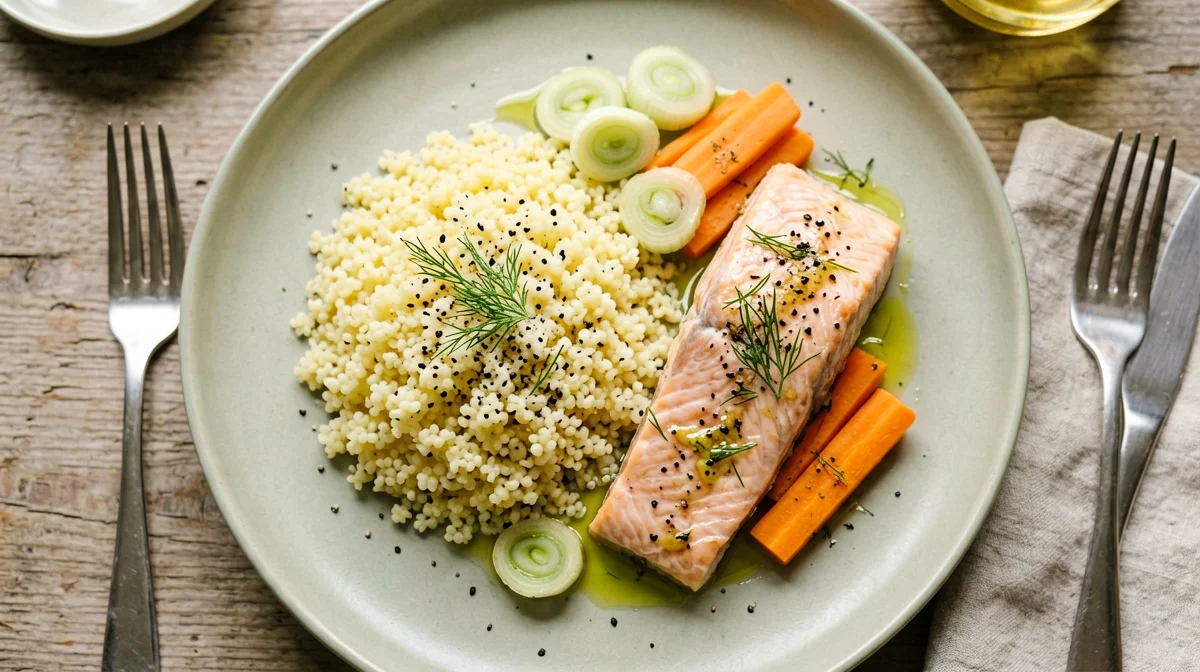 Miglio con salmone e porri al vapore