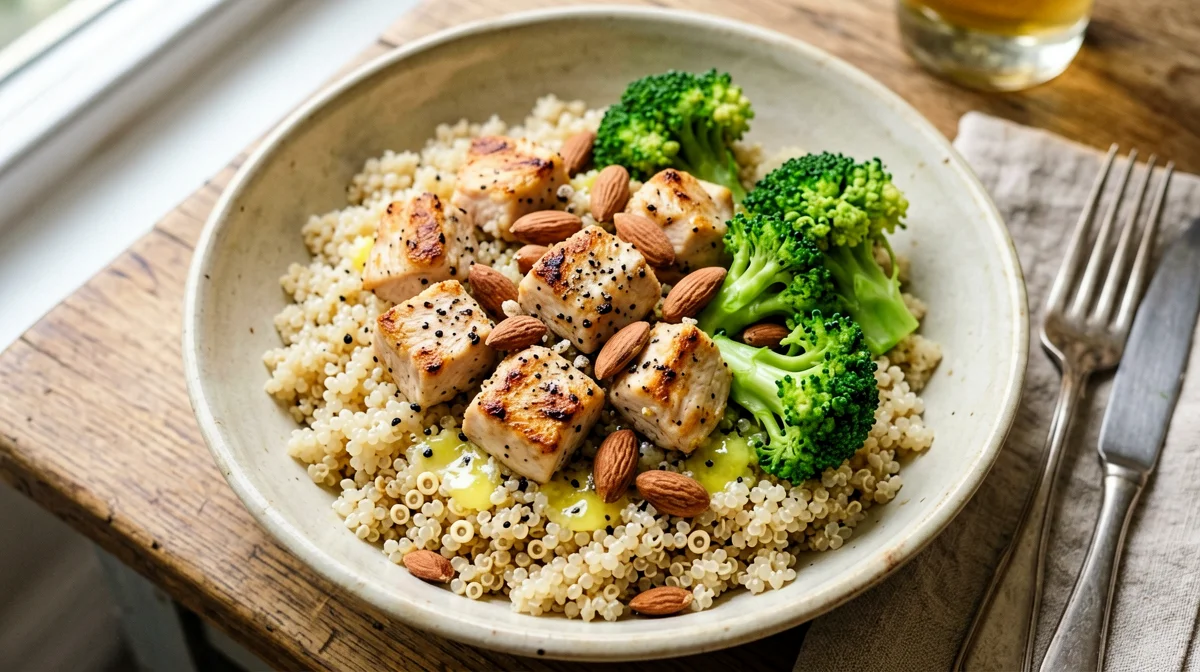 Quinoa with chicken, broccoli and almonds