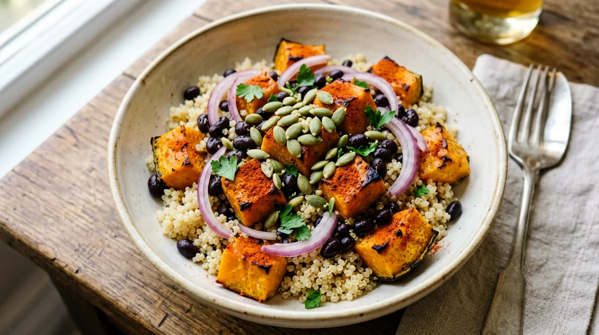 Quinoa con fagioli neri, zucca e paprika