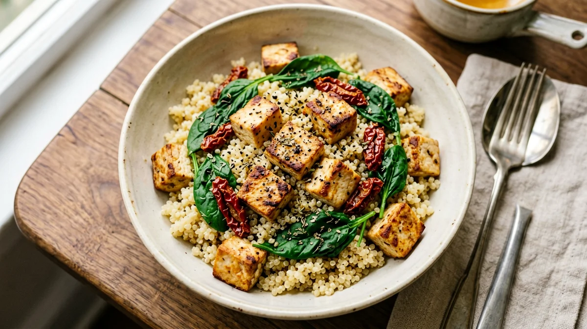 Quinoa con tofu, spinaci e pomodori secchi