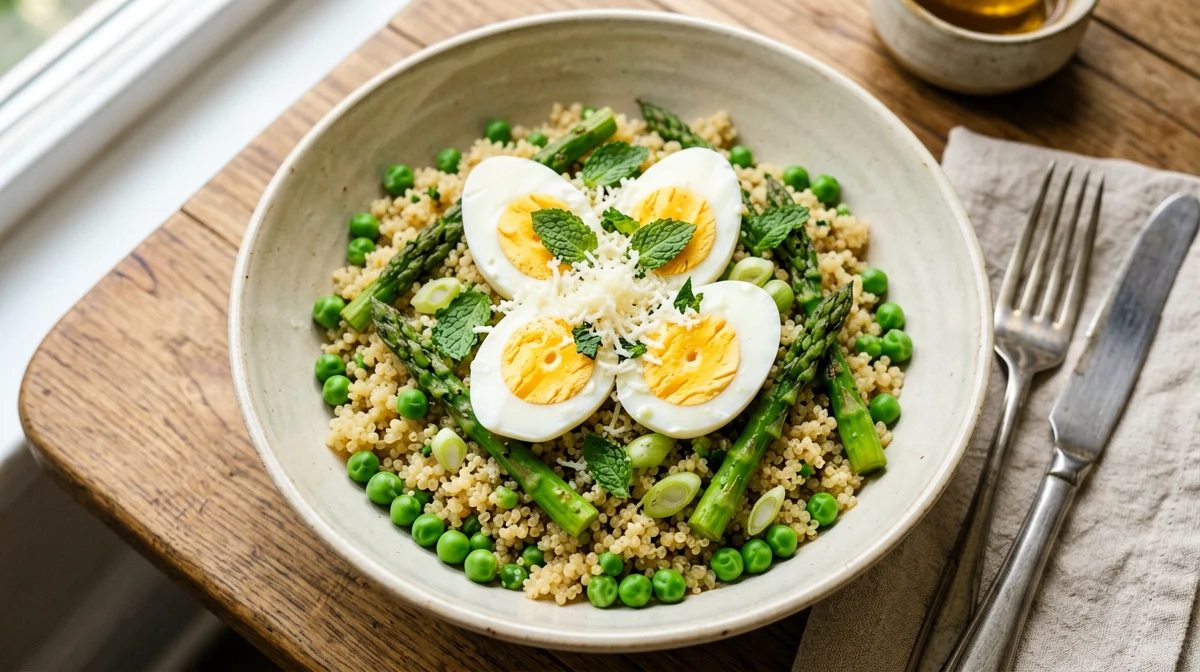 Quinoa with asparagus, peas and egg
