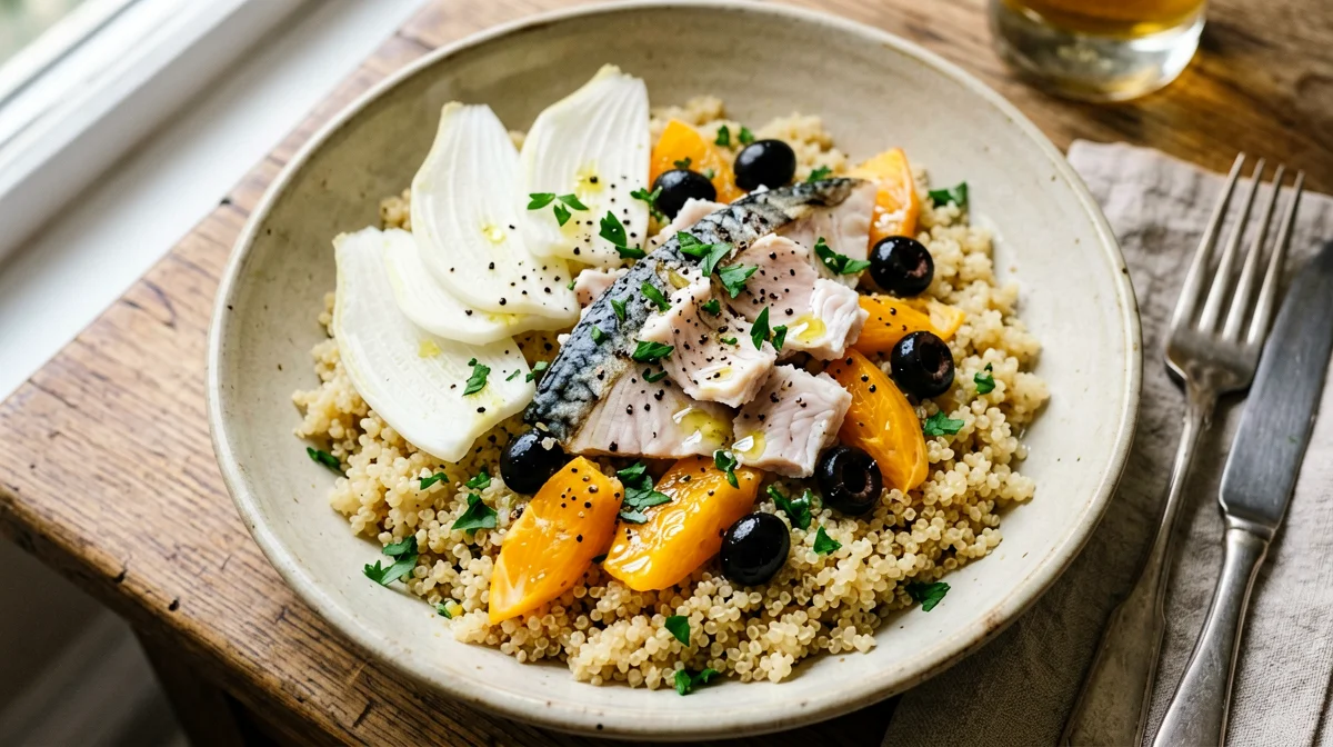 Quinoa rossa con sgombro, finocchio e olive