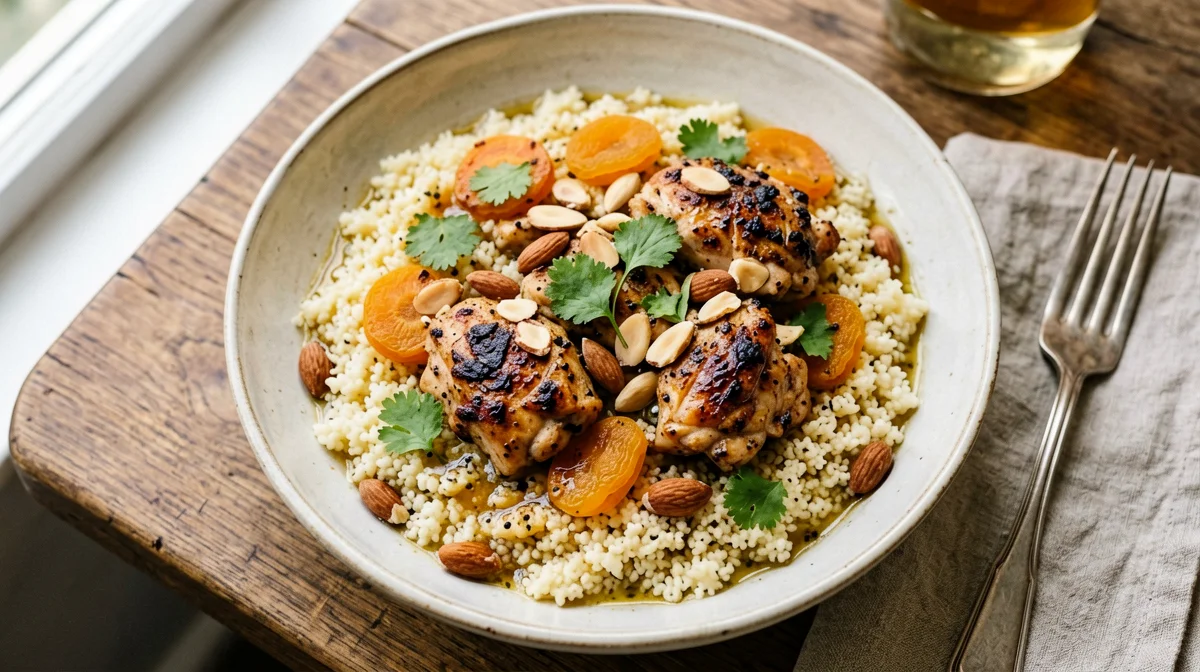 Couscous con pollo, albicocche e mandorle