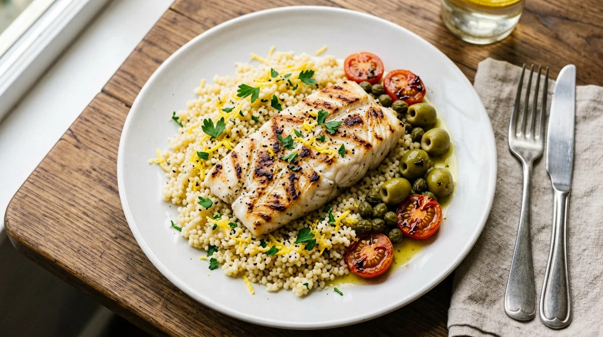 Couscous with cod, cherry tomatoes and capers
