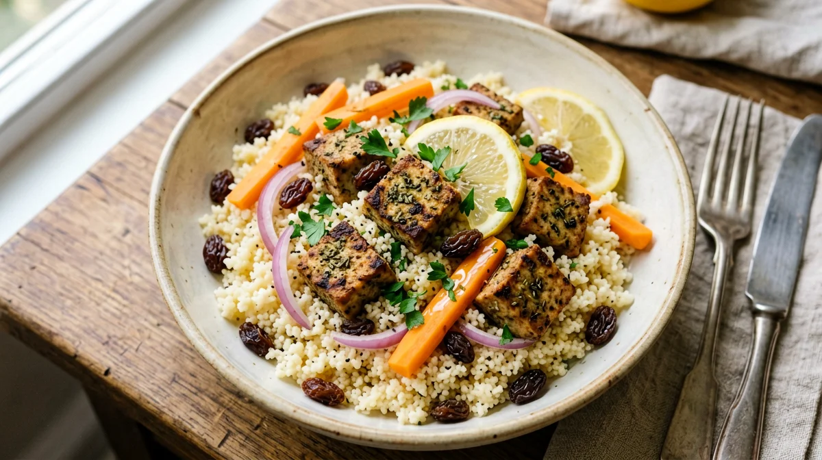 Couscous con tempeh, carote e uvetta
