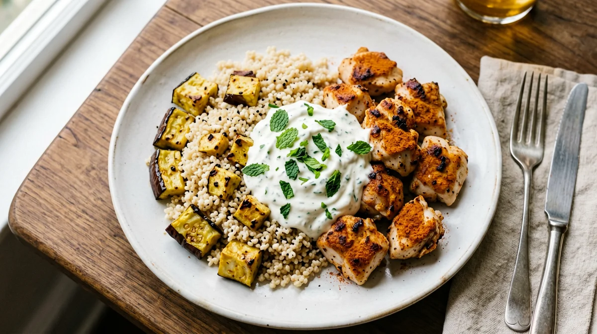 Bulgur con pollo, melanzane e yogurt alla menta