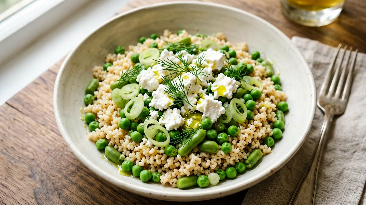 Bulgur with broad beans, peas and feta
