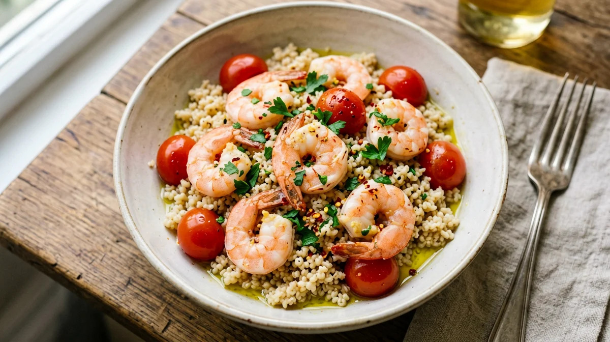 Bulgur con gamberi, pomodorini e prezzemolo