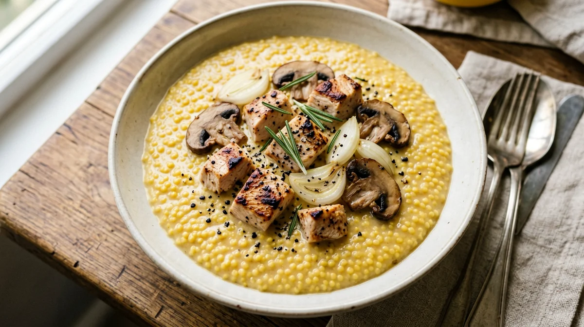 Amaranto con funghi e tacchino al rosmarino