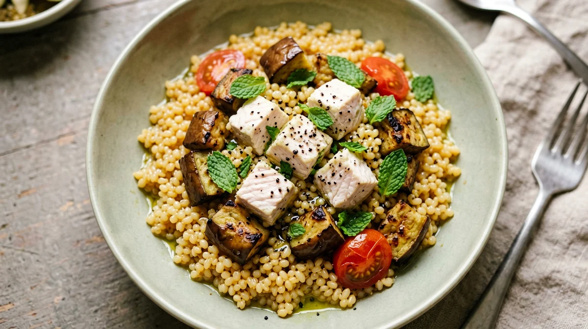Kamut con pesce spada, melanzane e menta