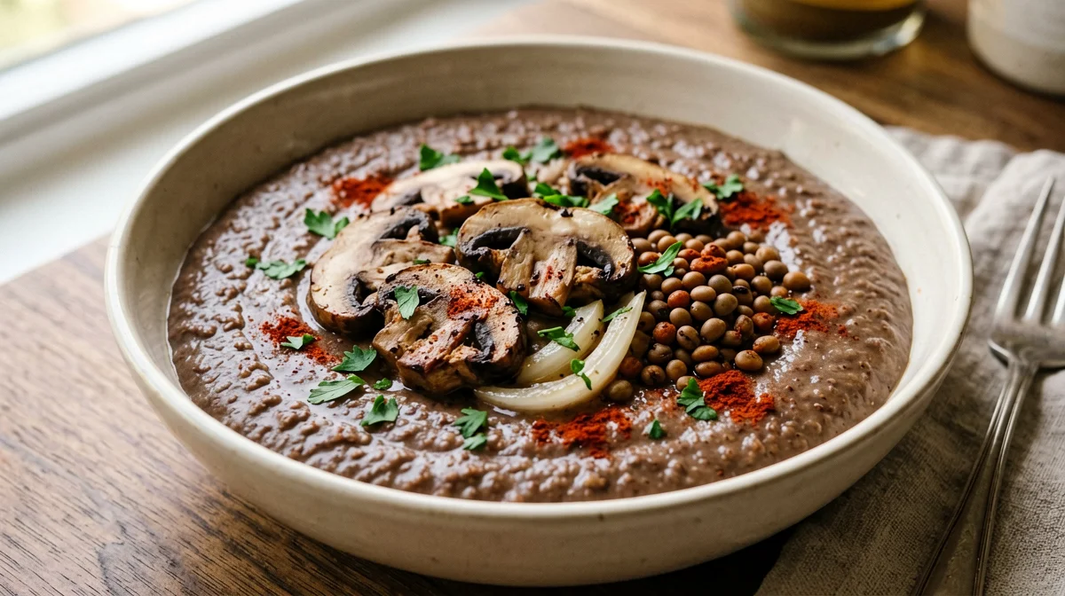Teff alla crema di funghi con lenticchie