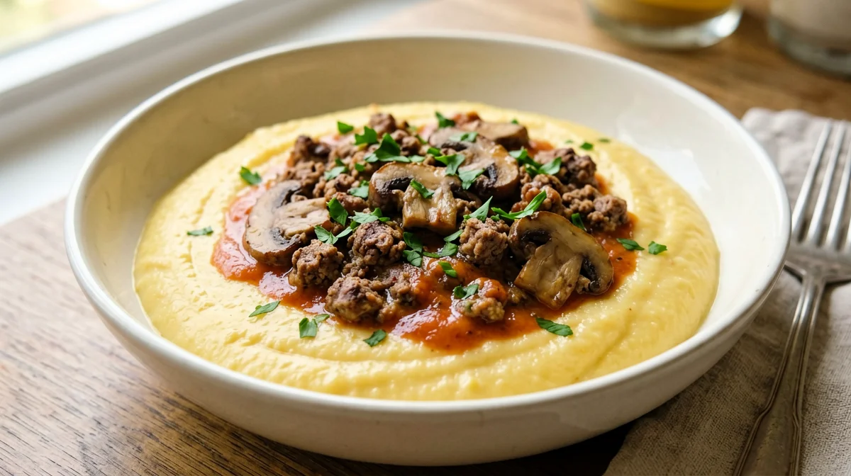 Polenta morbida con funghi e salsiccia