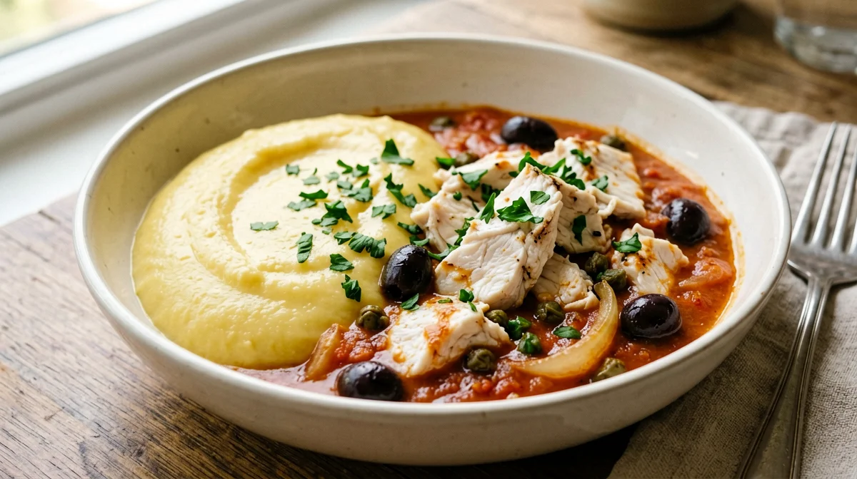Polenta con baccalà in umido e olive