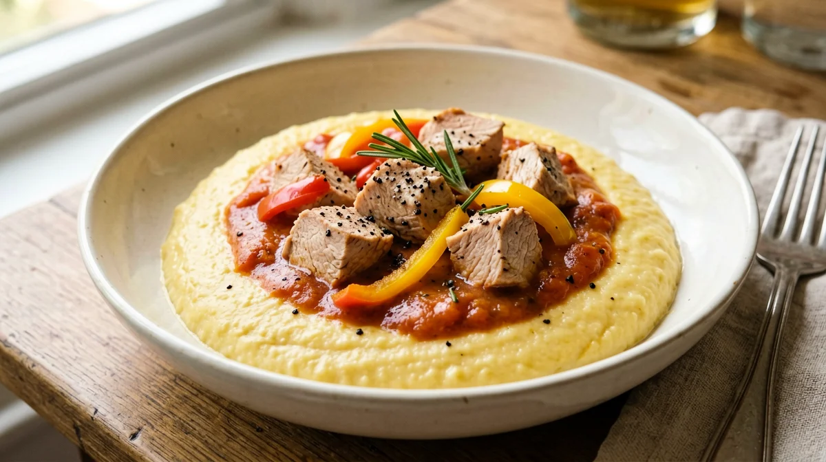 Polenta con spezzatino di tacchino e peperoni