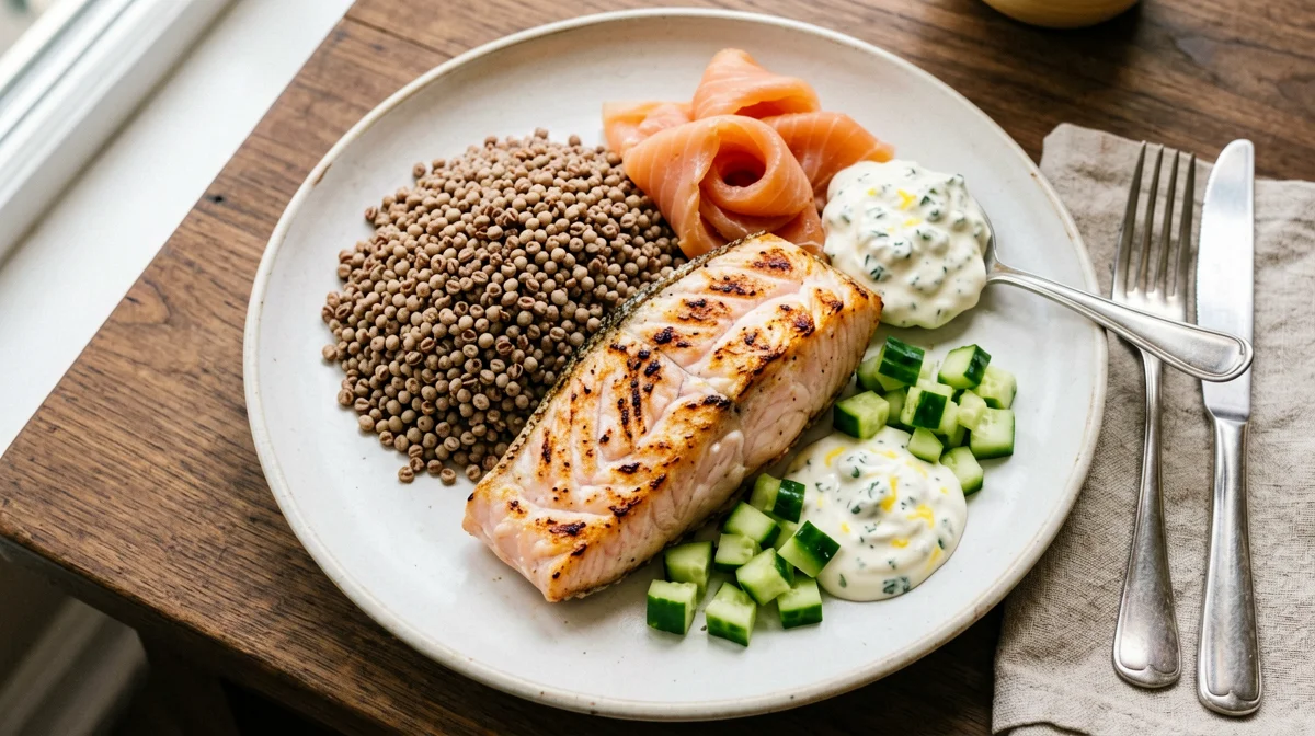 Grano saraceno con trota, salmone affumicato e cetriolo