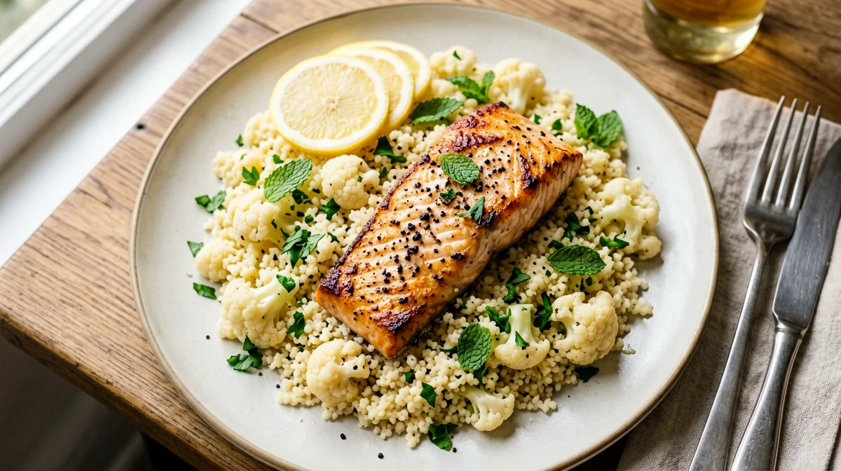 Couscous and cauliflower rice with salmon and herbs