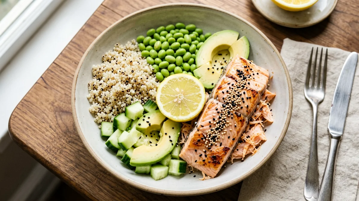 Quinoa with salmon, edamame and avocado