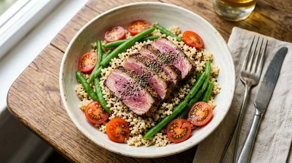 Farro and quinoa with seared tuna and green beans