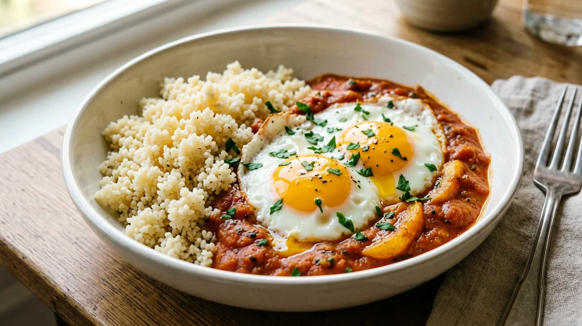 Couscous with eggs in spiced tomato and peppers