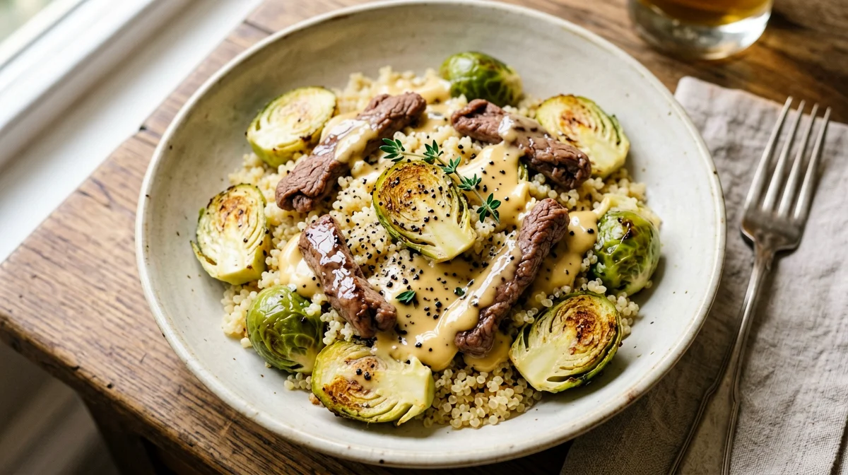 Quinoa con seitan, cavoletti di Bruxelles e senape