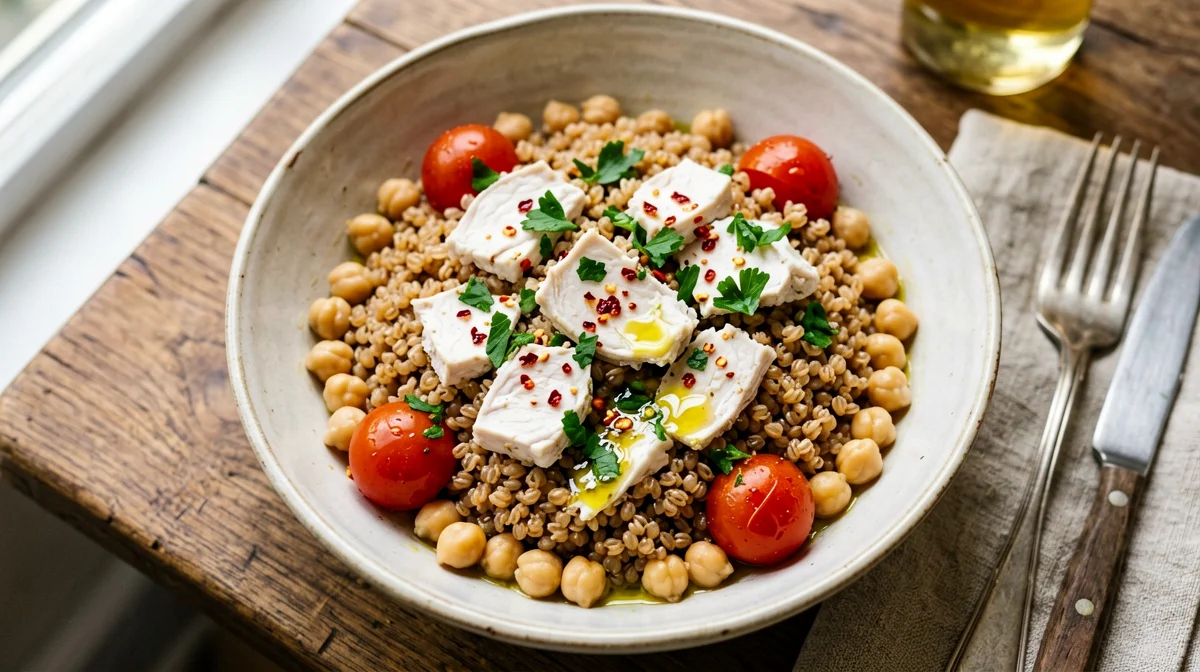 Farro with salt cod, chickpeas and tomatoes