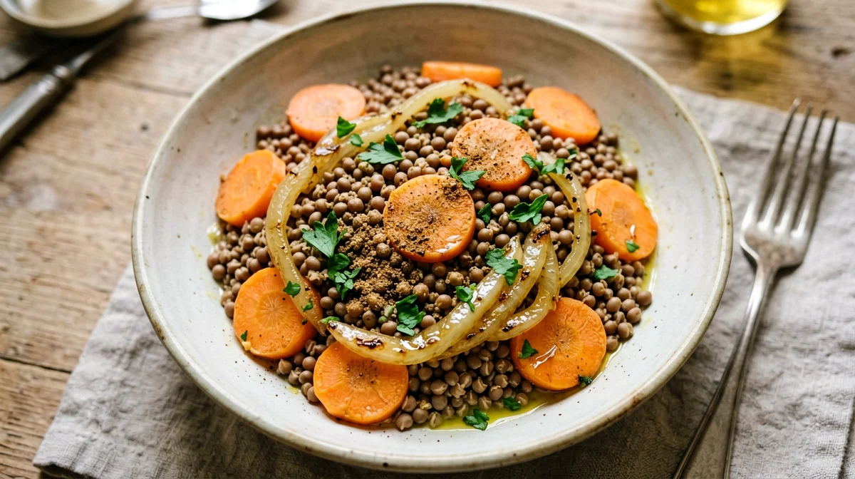 Grano saraceno con lenticchie, carote e cumino