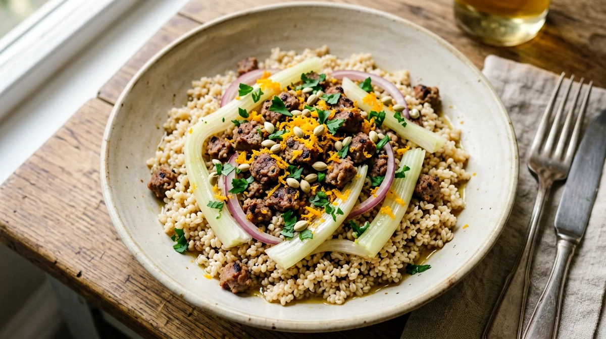 Bulgur con salsiccia, finocchio e arancia