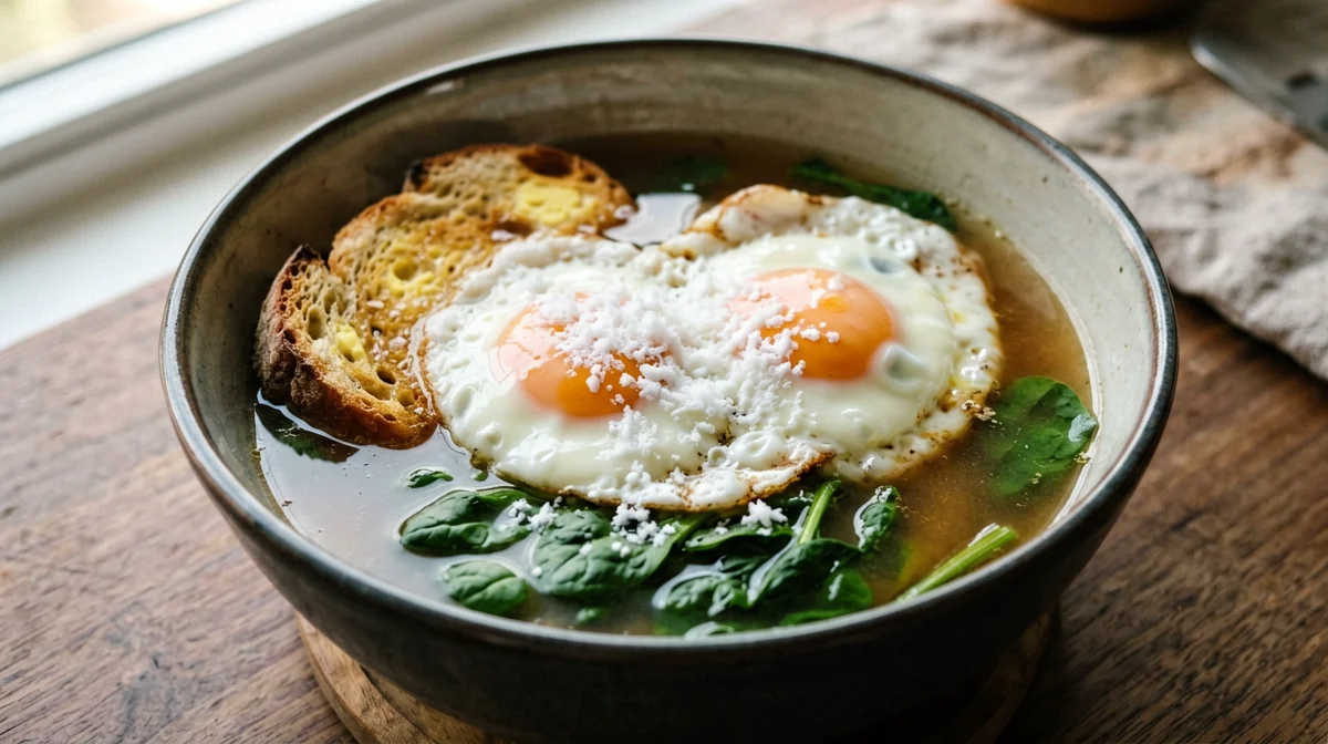Zuppa pavese with eggs and toasted bread