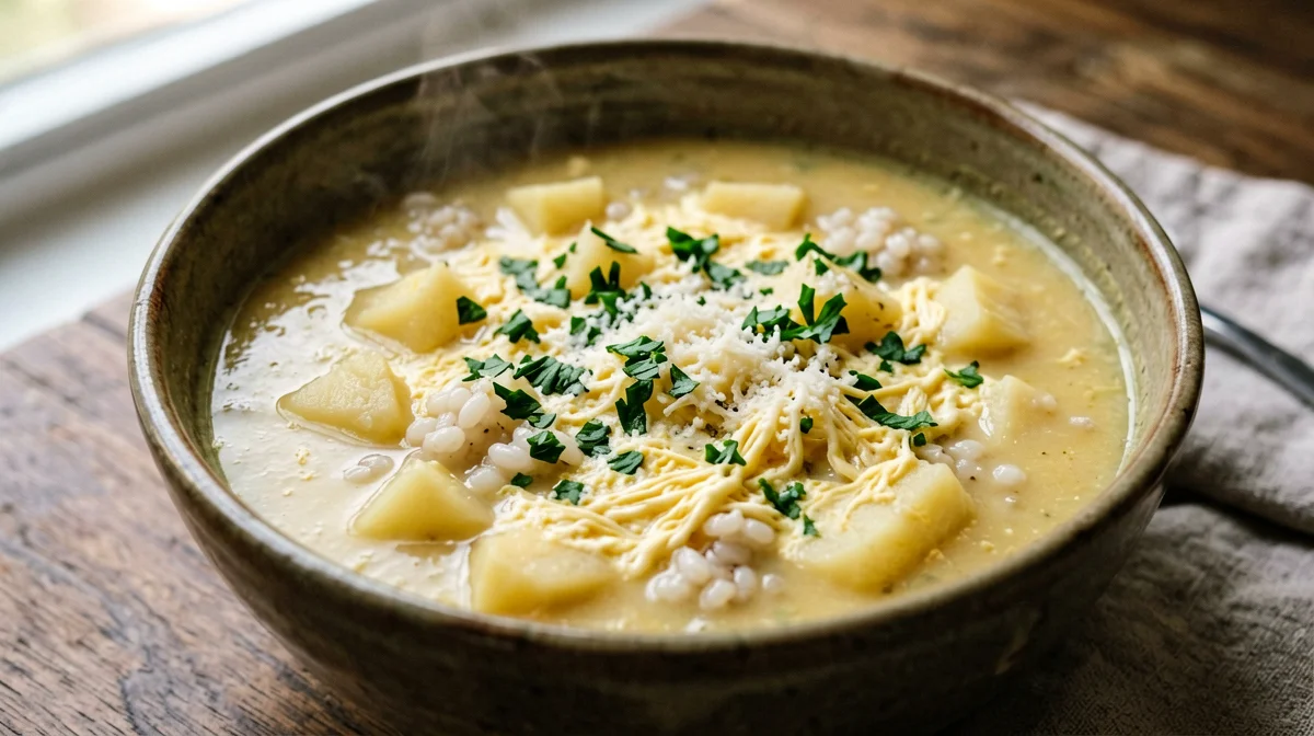 Rice, potato and parsley soup with egg