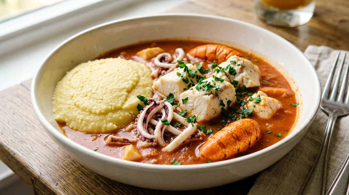 Brodetto di pesce all'anconetana con polenta