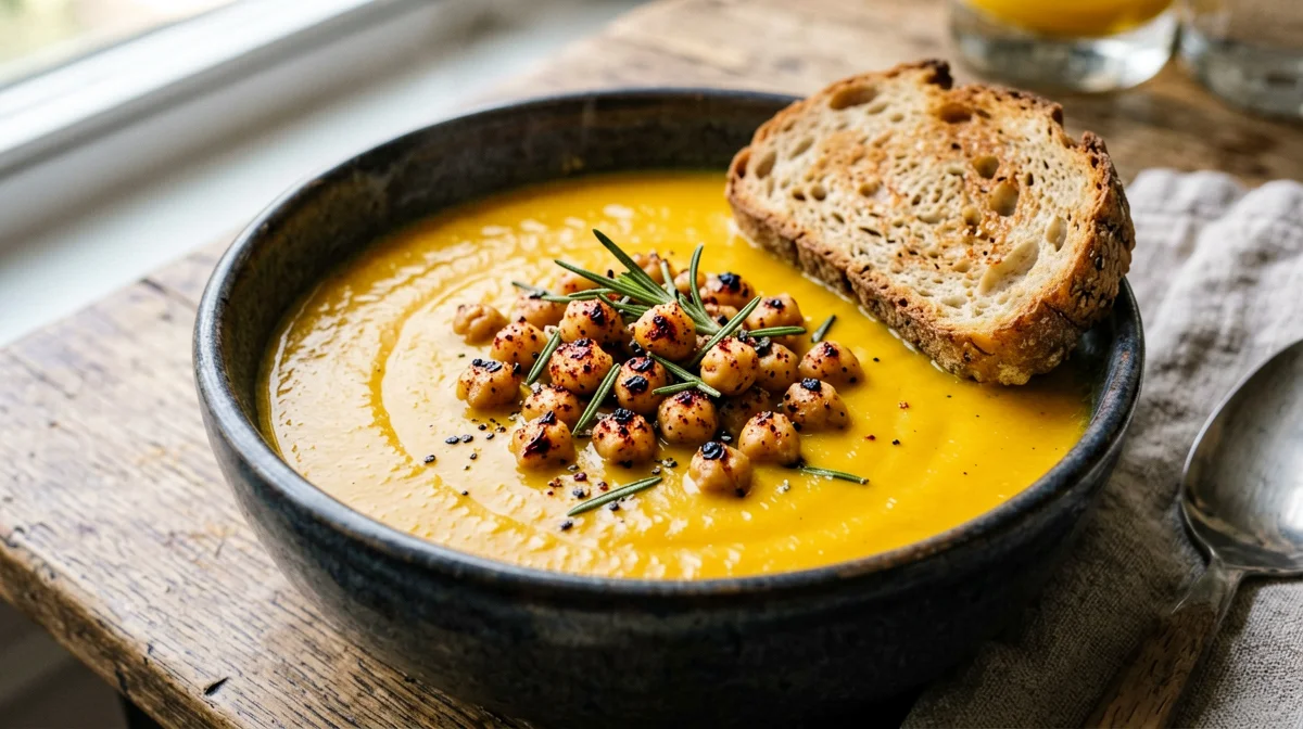 Pumpkin velouté with crispy chickpeas and bread