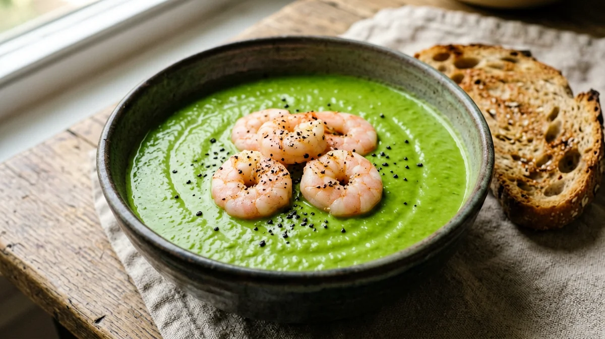 Pea and mint velouté with prawns