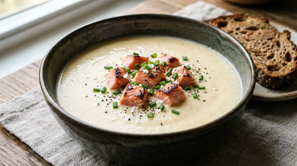 Cauliflower velouté with salmon and rye bread