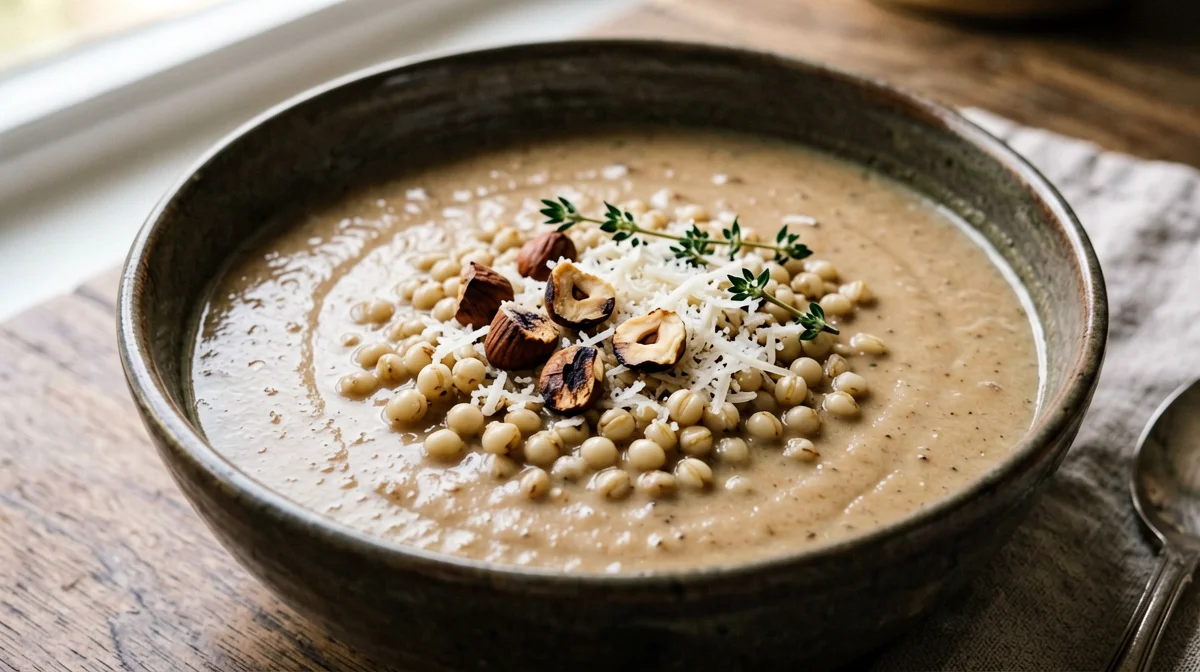 Mushroom velouté with barley and hazelnuts