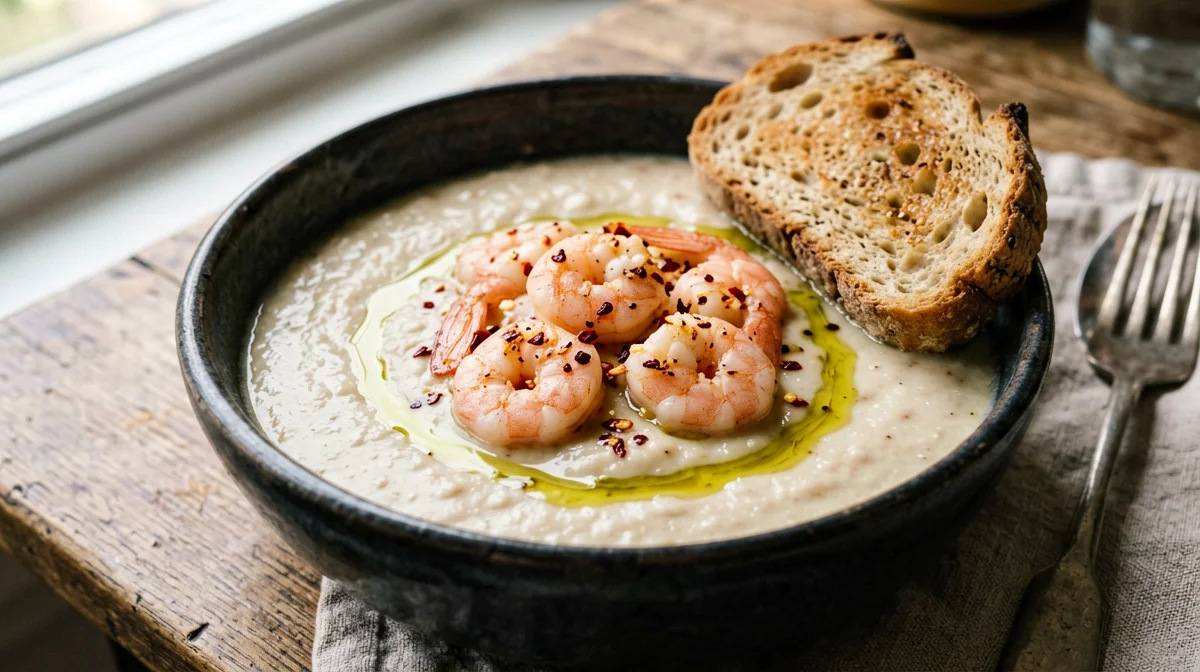 Cannellini and rosemary purée with prawns