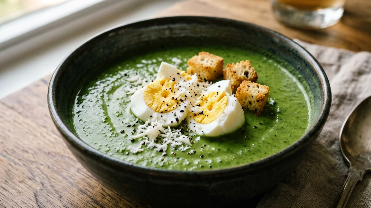 Broccoli velouté with boiled egg and pecorino