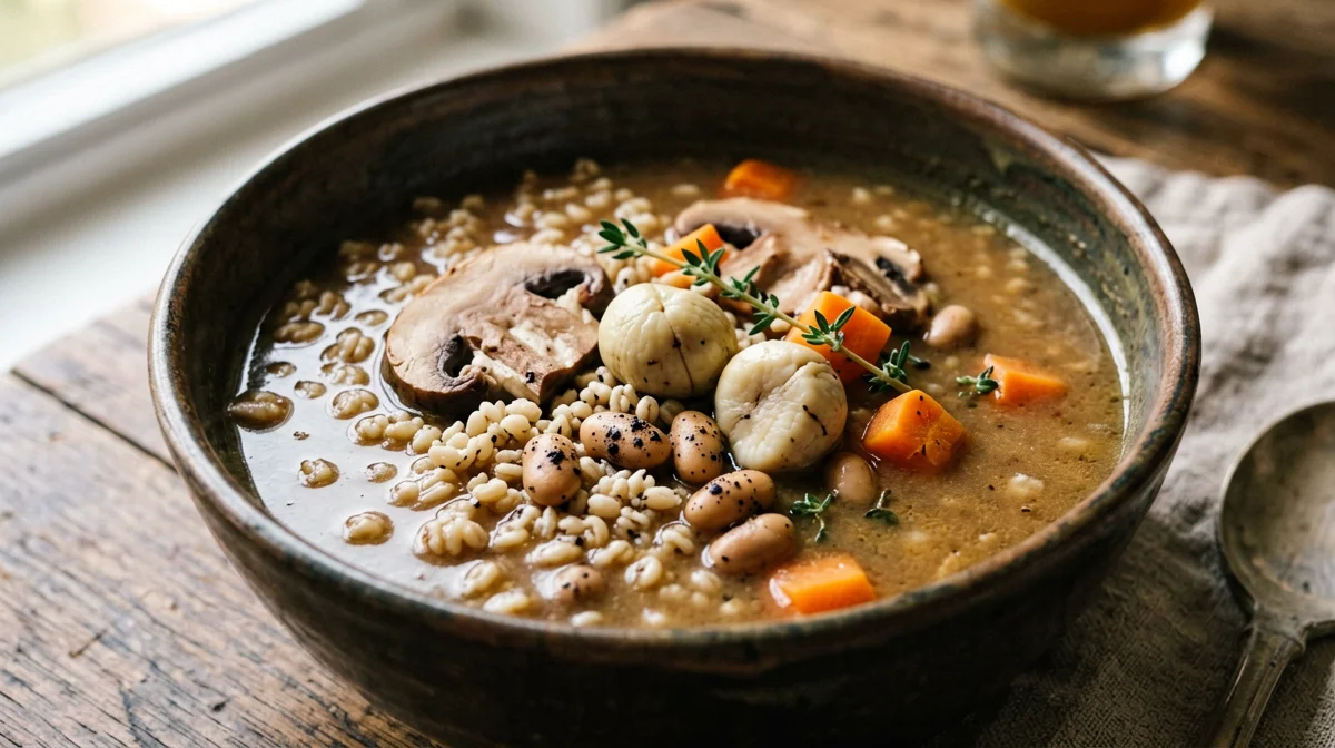 Farro, mushroom and chestnut soup