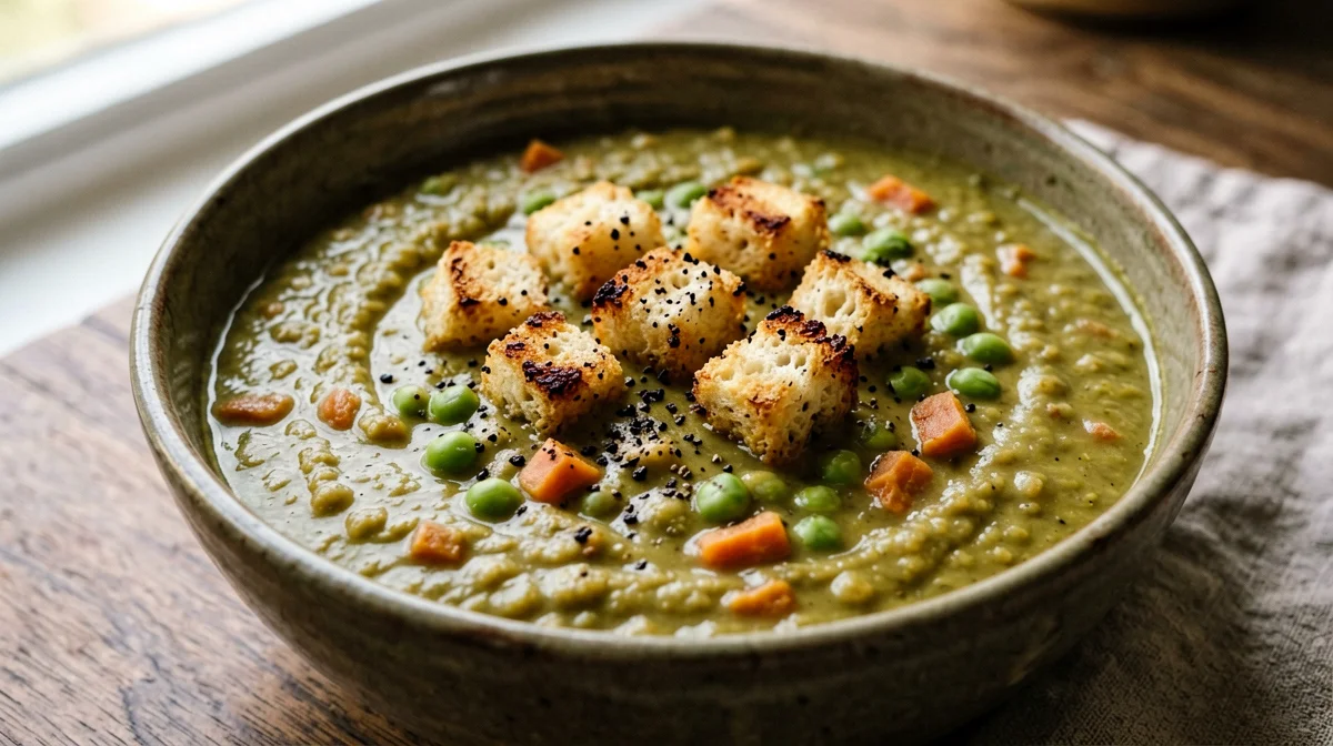 Split pea soup with speck and croutons