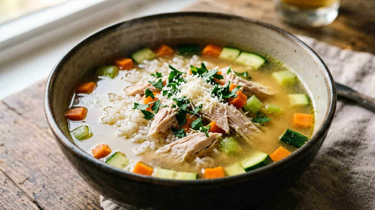 Zuppa di pollo, riso e verdure