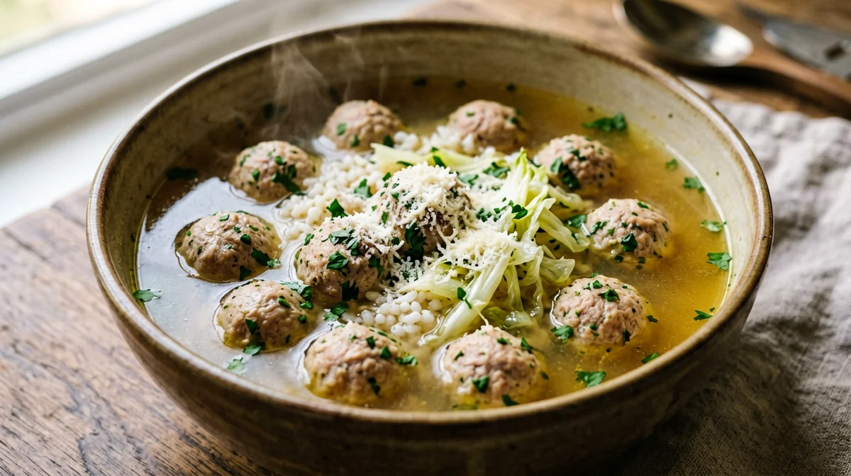 Festive broth with mini meatballs and rice