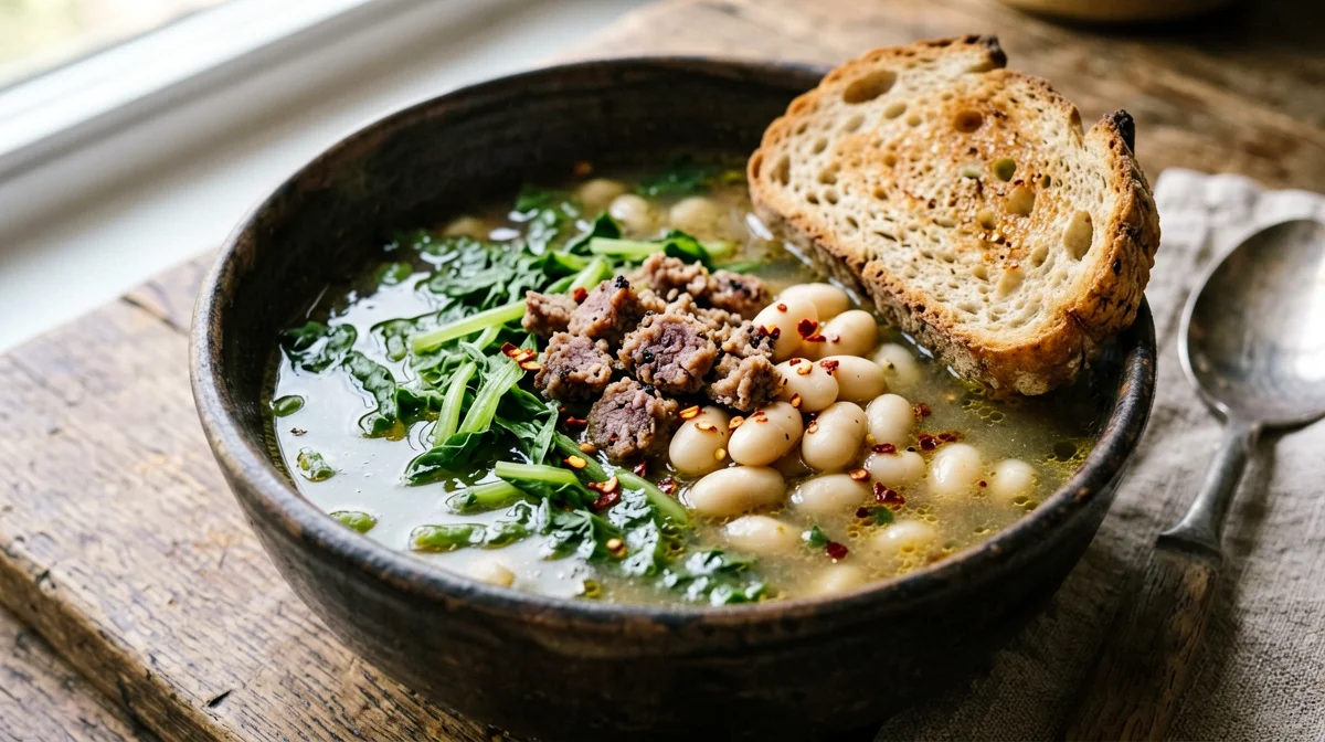 Zuppa di scarola e fagioli con salsiccia